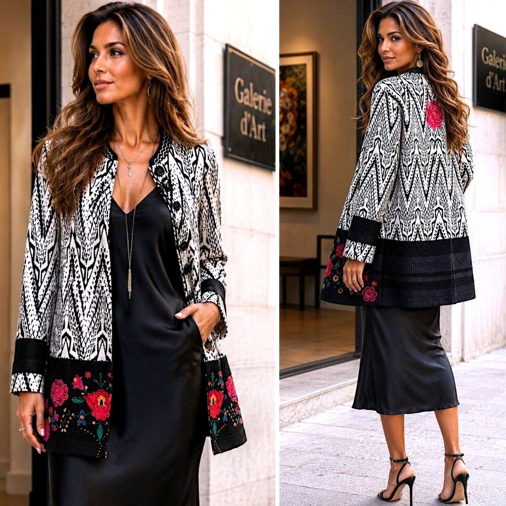 Desigual XL 44 Embroidered Floral Jacket Black Textured Artistic Statement Boho